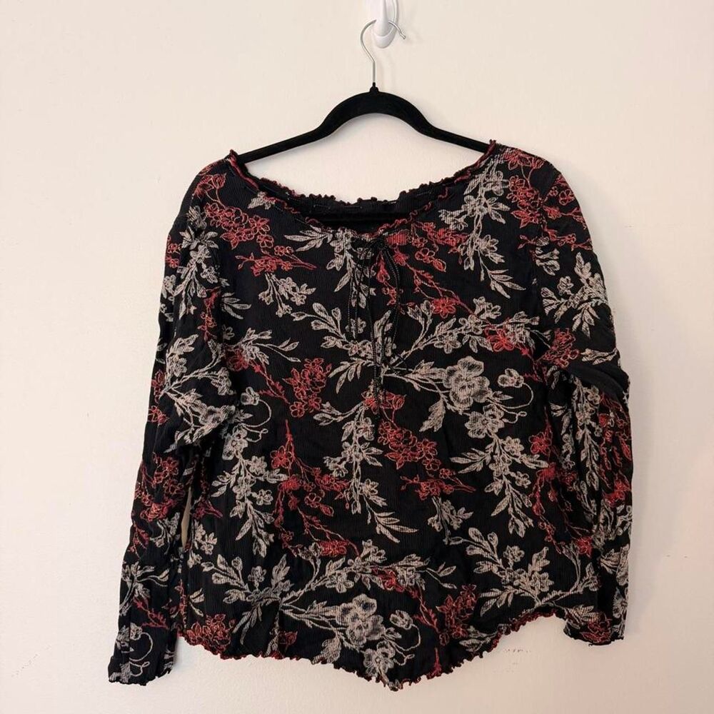 BOHO black floral metallic thread peasant blouse with tie neck, est. L-XL